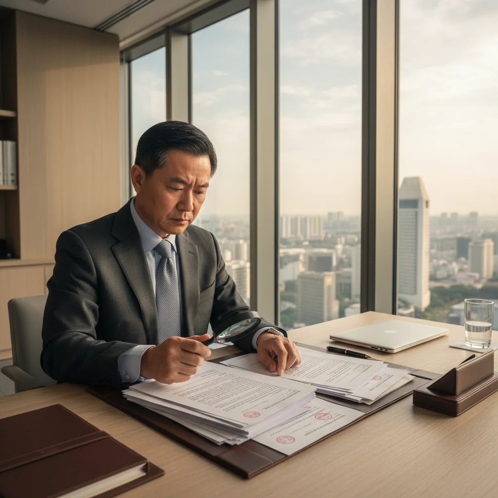 A photorealistic image of a professional adult in a modern Singapore office setting, thoughtfully reviewing important documents on a desk, symbolizing trust and legal affirmation in a formal context, with no children present.