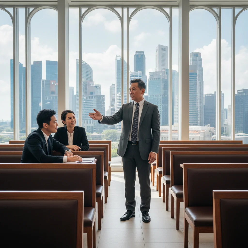 A photorealistic image of a professional adult lawyer in a modern Singapore courtroom, standing confidently and discussing a case with colleagues, symbolizing the use of affidavits in legal proceedings. The scene captures the essence of legal testimony and evidence without showing any documents.