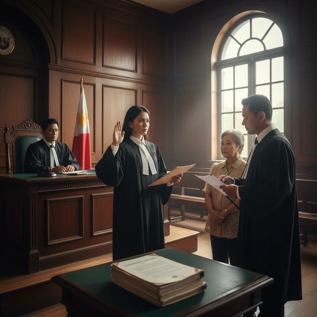 A photorealistic image of a diverse group of adults in a modern Philippine courtroom, including a lawyer presenting a case to a judge and witnesses providing testimony, symbolizing the use of affidavits in legal proceedings, with no children present.