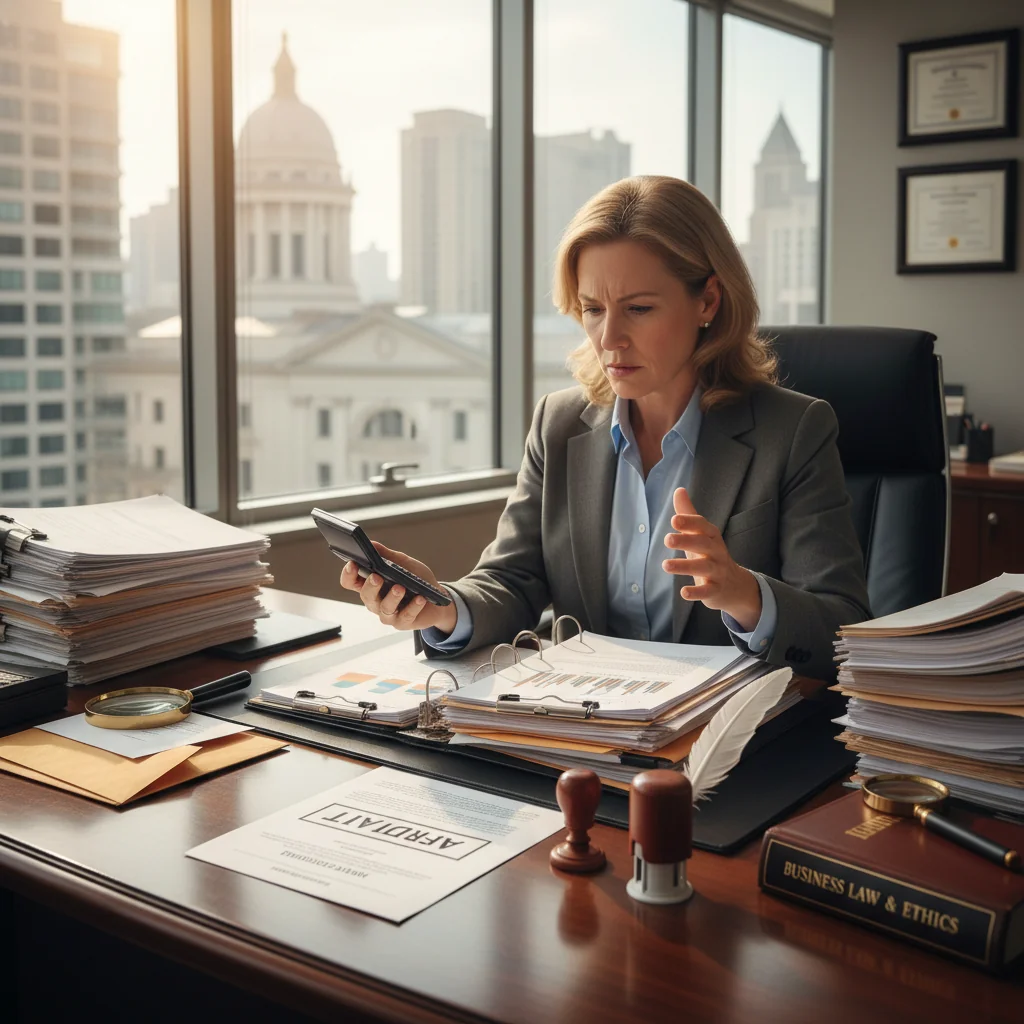 A photorealistic image of a professional adult in a modern office setting, carefully reviewing financial documents on a desk with a serious expression, symbolizing the importance of accurate sworn declarations for legal and financial compliance.