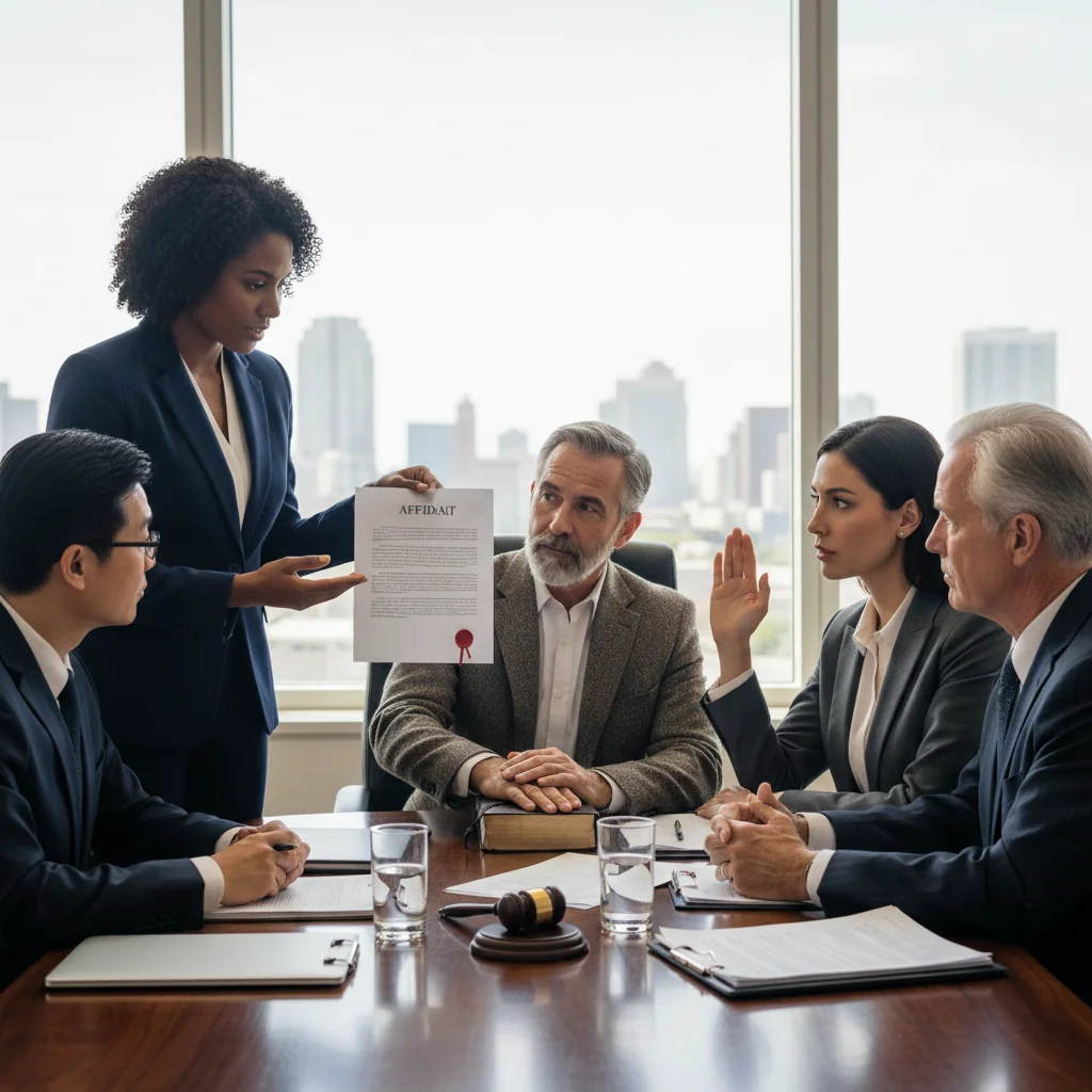A photorealistic image of a diverse group of adult professionals in a modern courtroom setting, engaged in serious discussion around a conference table, symbolizing the sworn testimony and legal verification central to affidavits in US proceedings, with no documents visible, emphasizing trust and justice without showing any children.