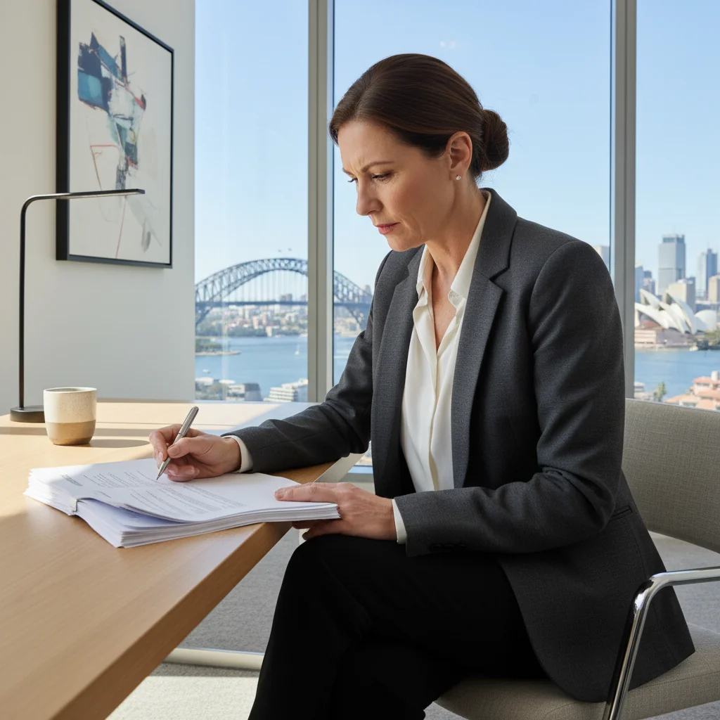 A professional adult woman in a modern Australian office setting, sitting at a desk with a serious expression, reviewing important papers with a pen in hand, symbolizing the preparation of a sworn statement. The scene conveys trust, formality, and legal preparation without showing any documents directly. No children are present.