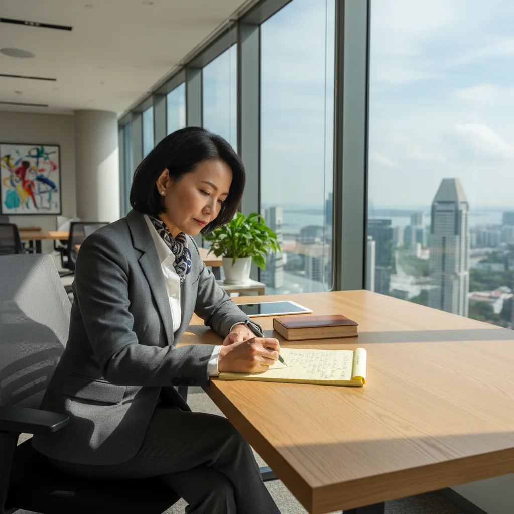 A photorealistic image of a professional adult in a modern Singapore office, sitting at a desk with a focused expression while writing on a notepad, symbolizing the careful preparation of legal statements. The background includes subtle Singaporean elements like a city skyline view, ensuring no children are present and emphasizing trustworthiness and formality.