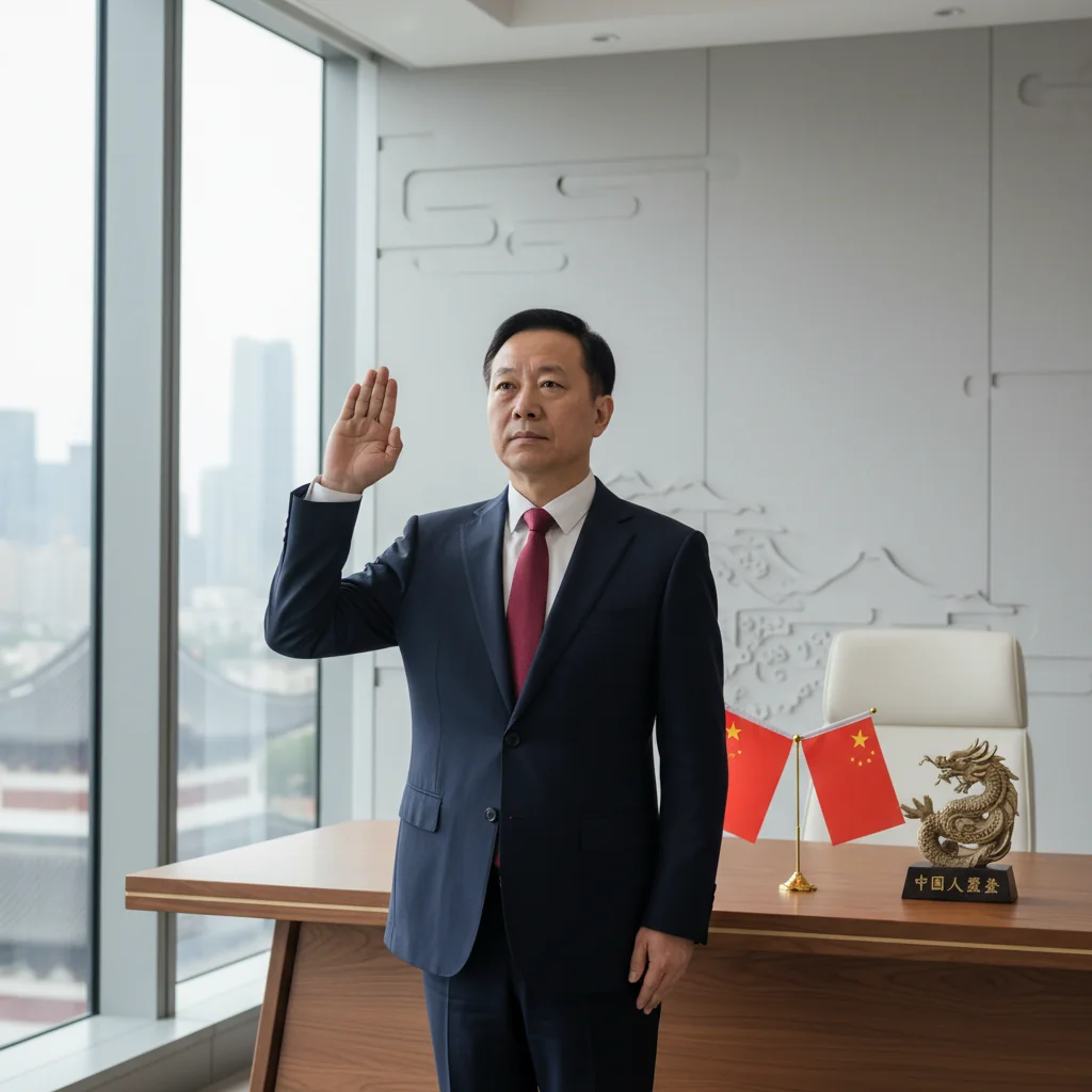 A photorealistic image of a professional adult Chinese individual in a formal setting, such as an office or ceremonial room, solemnly raising their right hand to take an oath, symbolizing the commitment and integrity associated with swearing a declaration in China. The scene should convey seriousness and respect for legal or official processes, with no documents visible. Ensure no children are depicted, and the style is strictly photorealistic photography, not graphics or drawings.