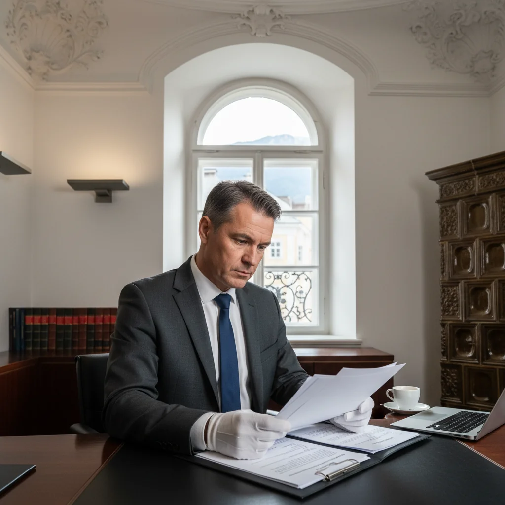 A professional adult Austrian lawyer or legal professional in a modern office setting in Vienna, Austria, reviewing documents at a desk with Austrian flag or legal symbols in the background, symbolizing the solemnity and official nature of affidavits or sworn statements in legal contexts.
