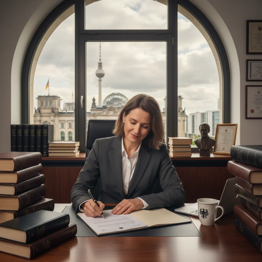 A photorealistic image of a professional adult in a modern German office setting, signing an official affidavit document on a desk with legal books and a German flag in the background, symbolizing trust and legal assurance without focusing on the document details.