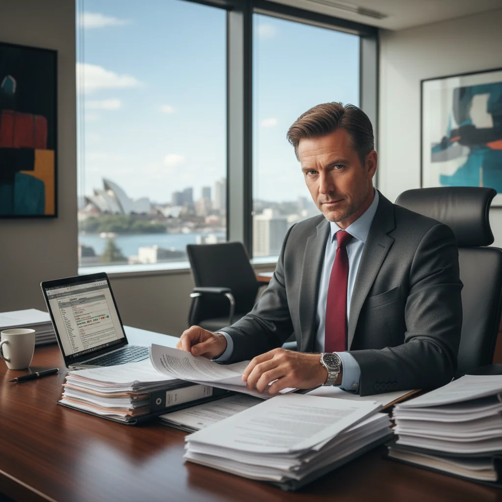 A professional adult lawyer in a modern Australian law office, reviewing legal documents at a desk with Australian city skyline visible through the window, symbolizing the preparation and purpose of affidavits in legal proceedings.