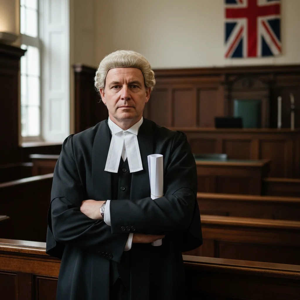 A photorealistic image of a professional adult lawyer in a modern UK courtroom, standing confidently with arms crossed, wearing a traditional barrister's wig and gown, symbolizing trust and legal assurance in affidavit processes, with subtle British elements like a Union Jack flag in the background. No children present.