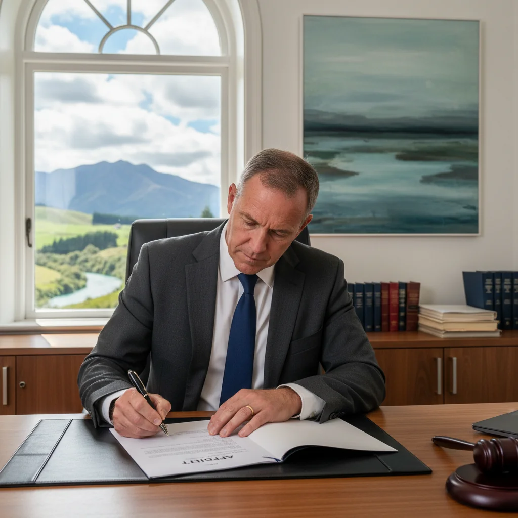 A photorealistic image of a professional adult signing an important affidavit document in a modern New Zealand law office, symbolizing trust and legal affirmation, with no children present.