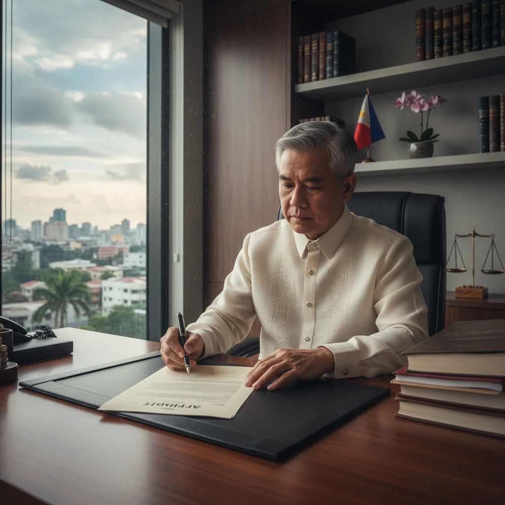 A photorealistic image of a professional adult Filipino lawyer or notary public in a modern office setting in the Philippines, carefully reviewing or signing an affidavit document on a desk, with subtle Philippine cultural elements like a flag or map in the background, conveying trust and legal formality. No children are present in the image.