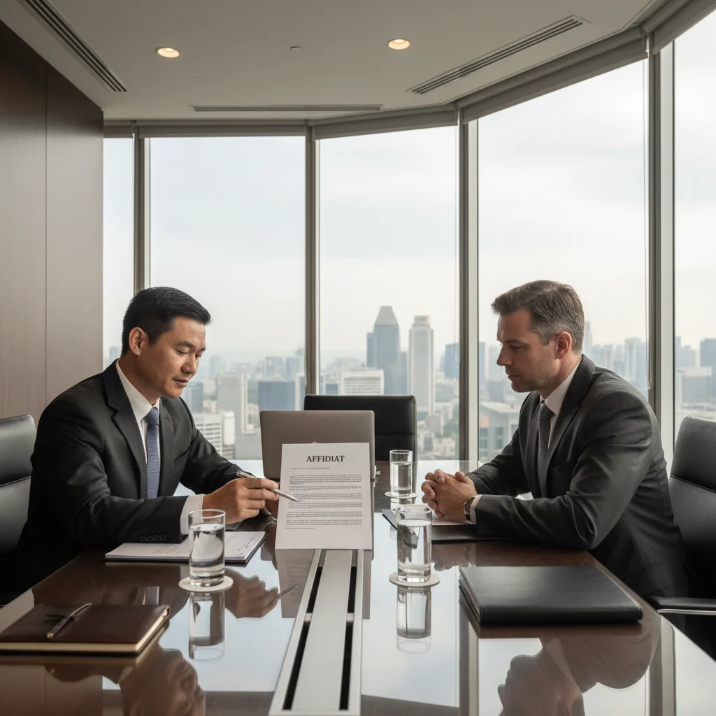A professional scene in a modern Singapore office building, showing a diverse group of adults, including a lawyer and a client, engaged in a serious discussion over a table with legal papers subtly in the background, symbolizing the preparation and signing of an affidavit for legal purposes.