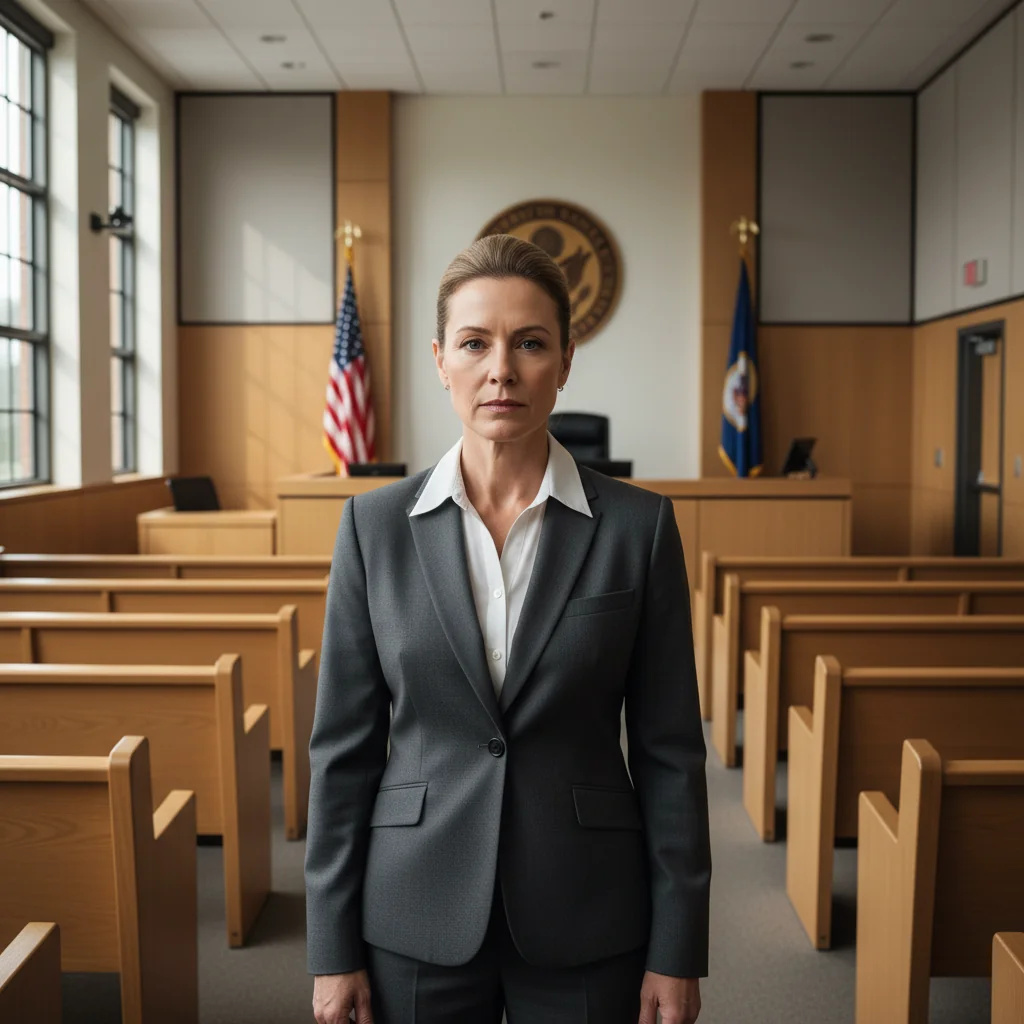 A photorealistic image of a professional adult lawyer or witness standing confidently in a modern courtroom, holding a gavel symbolically, representing the solemnity and purpose of affidavits in legal proceedings in the United States. The scene conveys trust, justice, and official testimony without showing any documents.