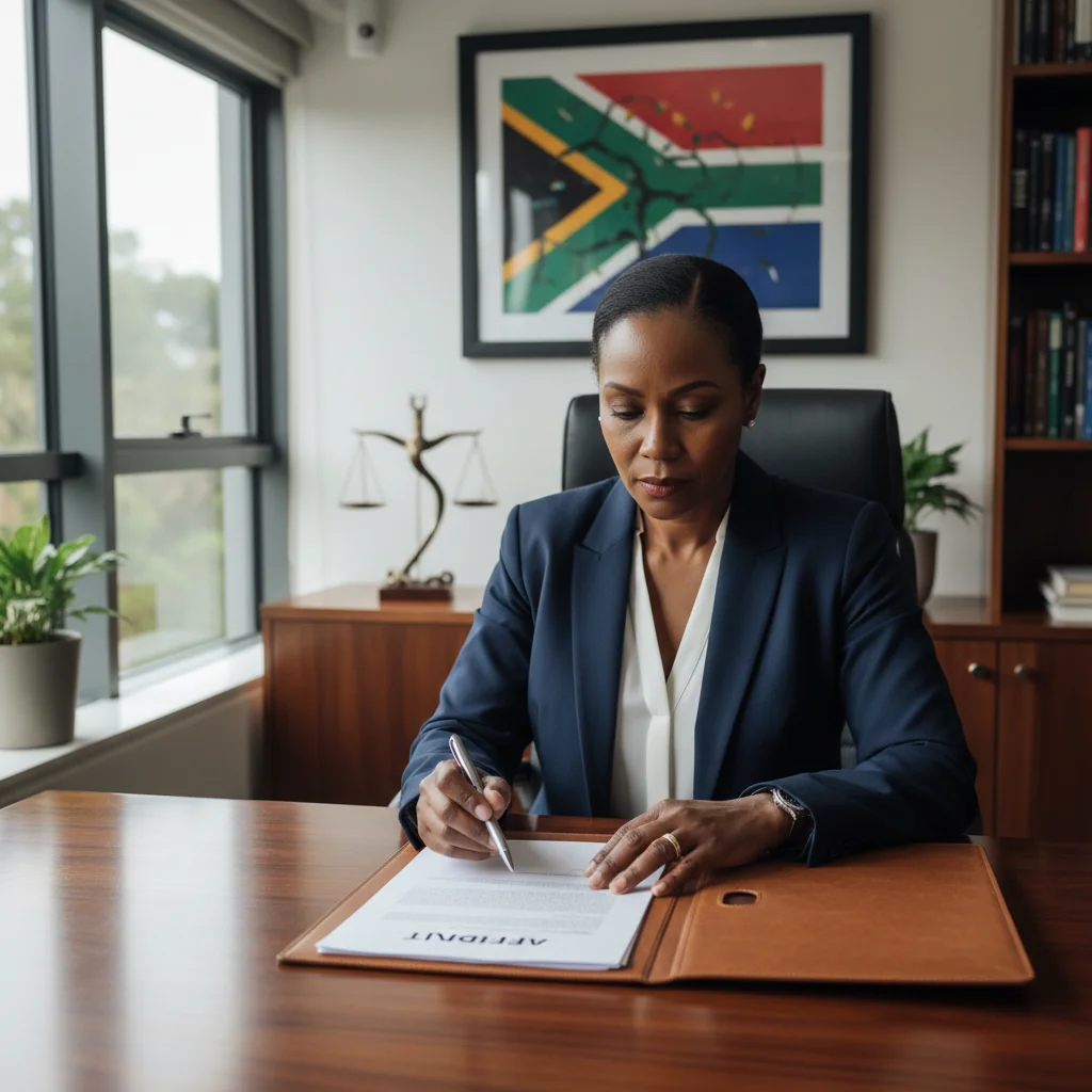A photorealistic image of a professional adult South African individual in a modern office setting, signing an important legal document with a serious and focused expression, symbolizing trust and formality in legal processes, no children present.