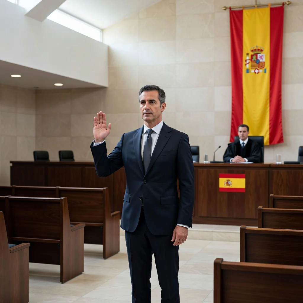 A photorealistic image representing the purpose of a declaración jurada legal document in Spain, such as a professional adult swearing an oath in a formal Spanish courtroom setting, symbolizing legal affirmation and trust without focusing on the document itself.