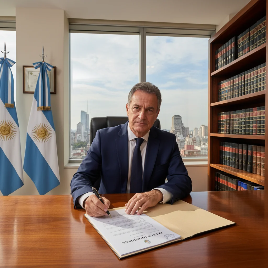 A photorealistic image of a professional adult signing an important declaration in a modern Argentine law office, with subtle national flags or symbols in the background, evoking trust and legality without showing any documents or children.