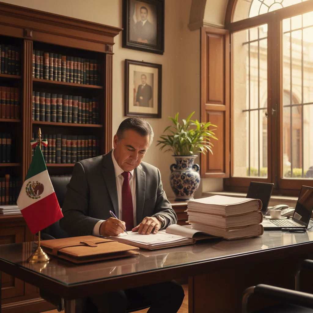 A photorealistic image of a professional adult Mexican citizen in a formal office setting in Mexico City, confidently preparing and signing important legal declaration documents on a wooden desk with a laptop and Mexican flag in the background, symbolizing trust and compliance in legal processes. No children present.