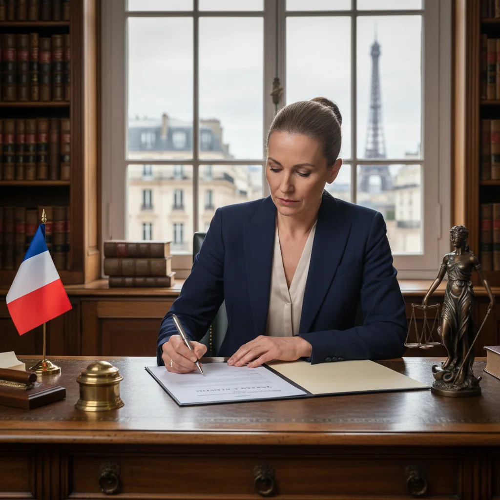 A photorealistic image of a professional adult person in a formal office setting in France, signing a sworn legal document at a wooden desk with French flags and legal books in the background, symbolizing the solemnity and trust of attestation sous serment for legal purposes. No children are present.