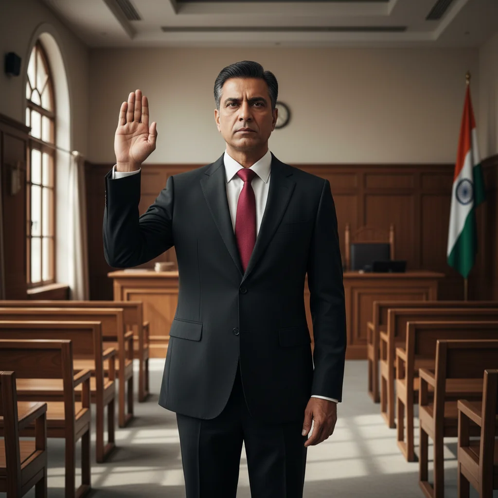 A photorealistic image of a professional adult Indian lawyer in a formal suit, standing confidently in a modern courtroom or law office in India, holding a gavel or scales of justice symbolically, representing the solemnity and authority of affidavits in legal proceedings. The scene conveys trust, integrity, and the judicial process without showing any documents. No children are present.