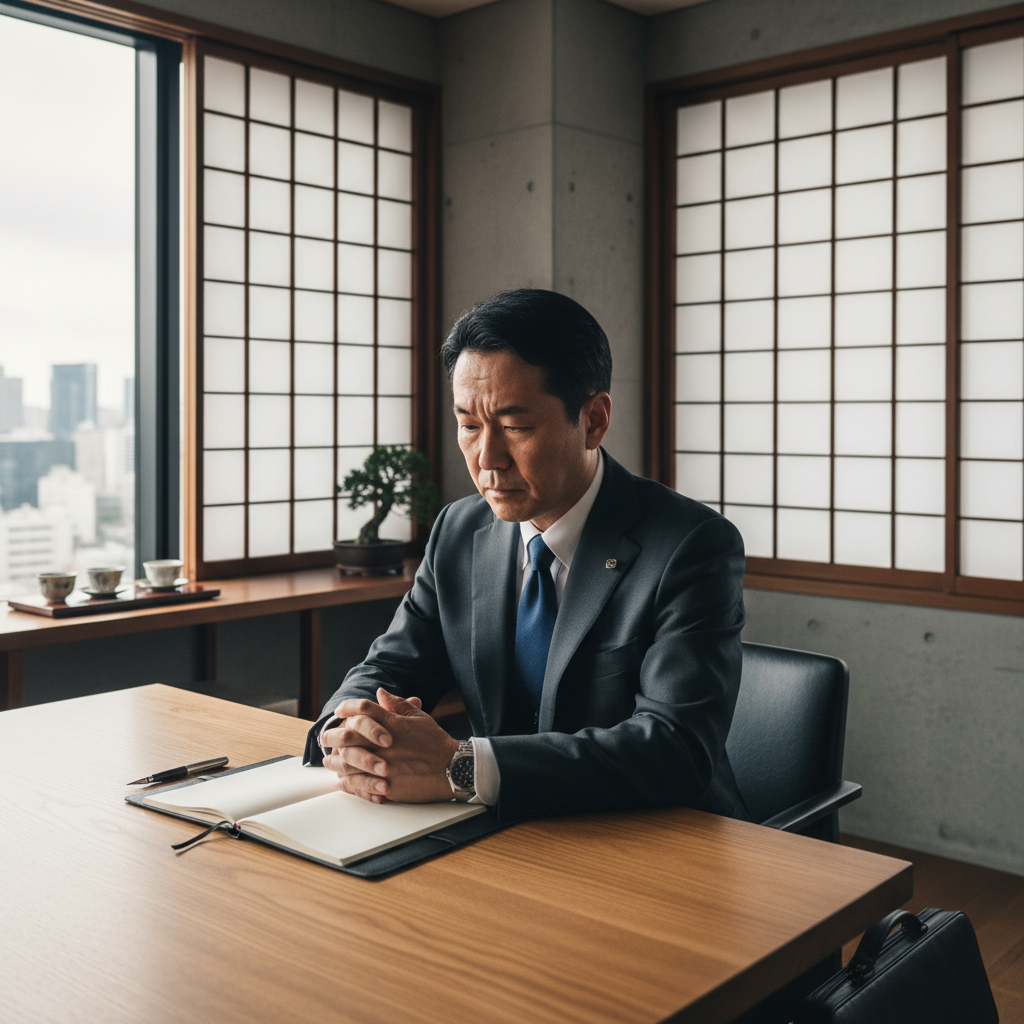 A photorealistic image of a professional adult individual in a formal setting, such as an office or courtroom, appearing serious and contemplative while preparing or signing an important legal statement, symbolizing the solemnity and purpose of an affidavit in Japan, without showing any documents or children.