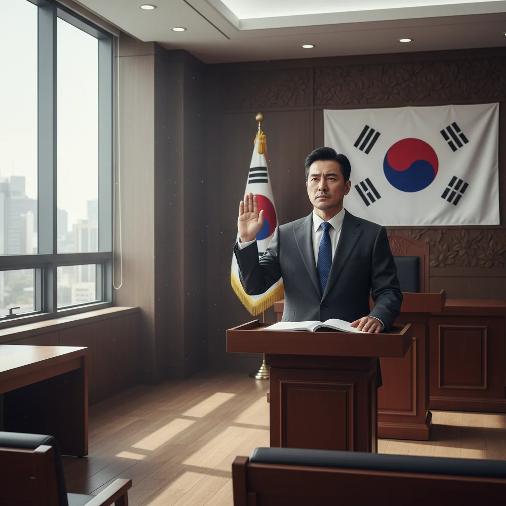 A photorealistic image of an adult professional in a formal suit, standing confidently in a modern South Korean courtroom, symbolizing the solemn oath or declaration associated with legal affidavits, evoking trust and integrity in legal proceedings.