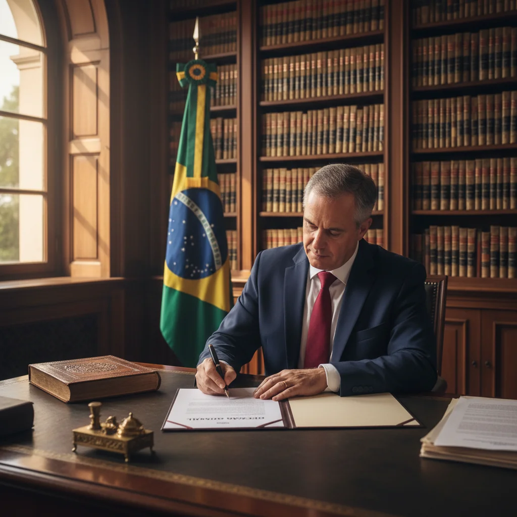 A photorealistic image of a professional Brazilian notary public in a formal office setting, signing an official declaration document with a solemn expression, surrounded by Brazilian flags and legal bookshelves, symbolizing the importance of public writing declarations in Brazilian law, no children present.