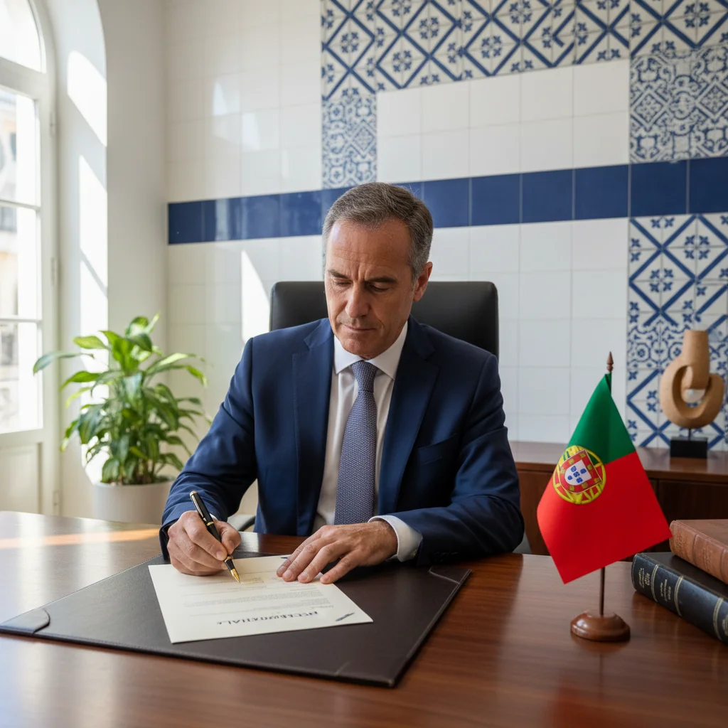 A photorealistic image of a professional adult Portuguese citizen confidently signing an official declaration form in a modern notary office in Lisbon, symbolizing trust and legal commitment, with Portuguese flag elements in the background, no children present.