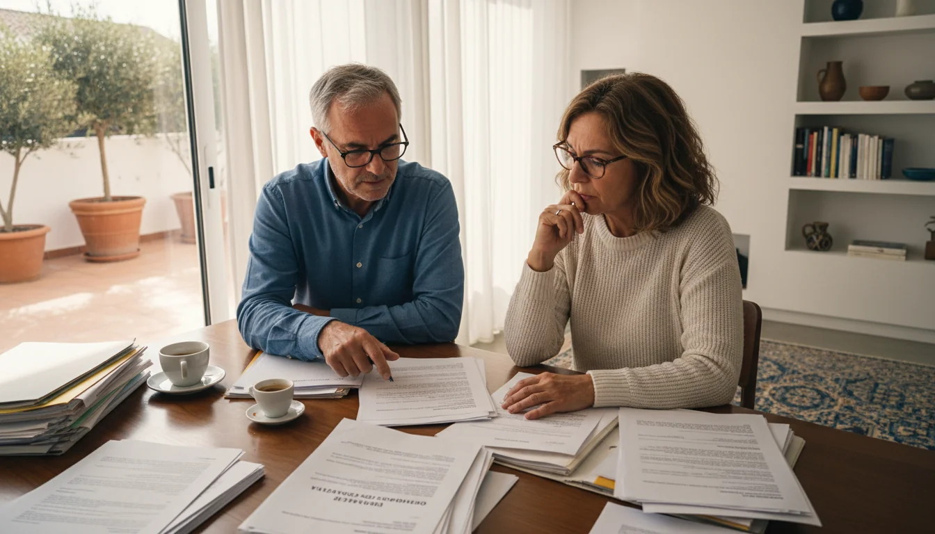 Adult couple reviewing Portuguese legal papers