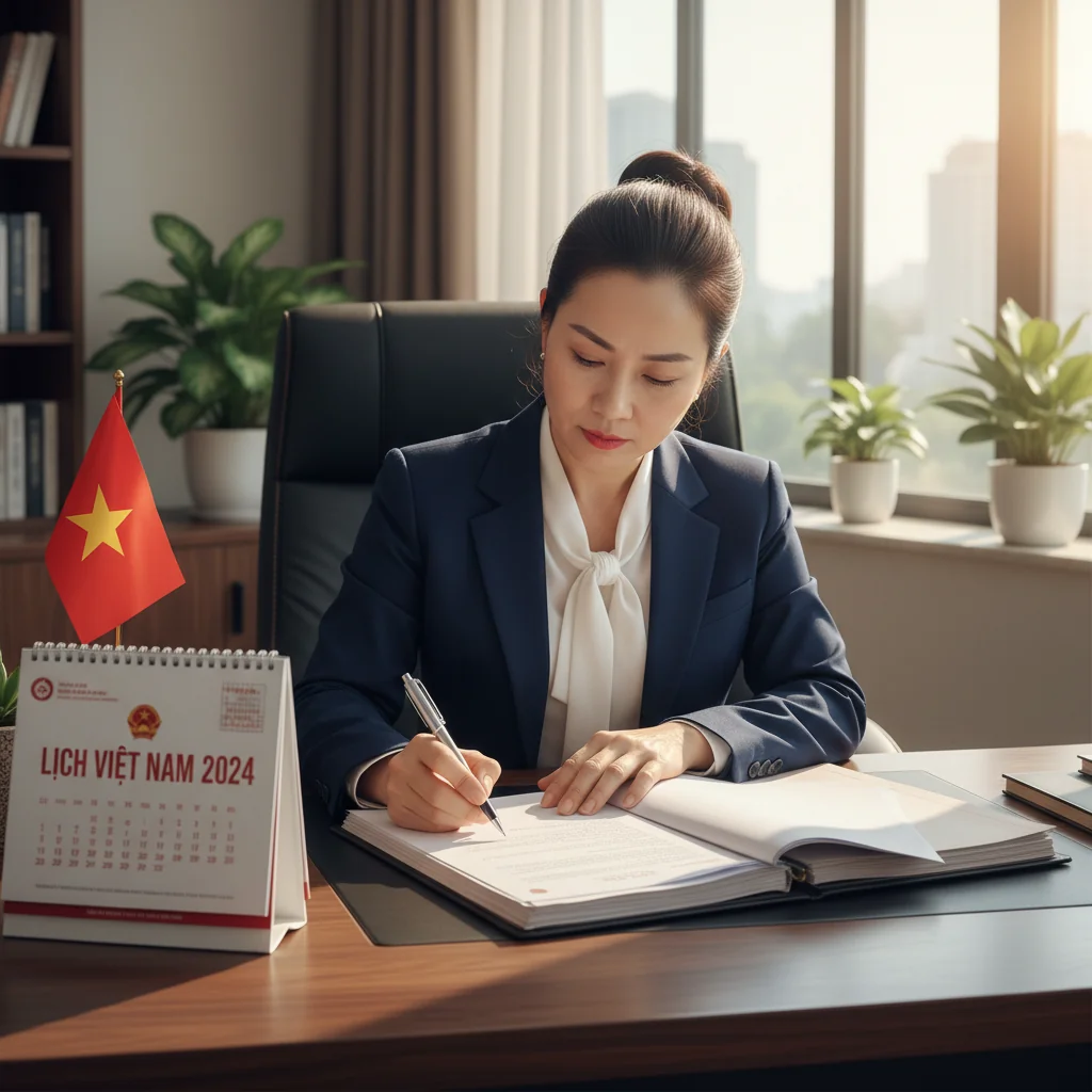 A professional Vietnamese office setting where a businessperson is signing important legal paperwork at a desk, symbolizing the formal process of providing statements or declarations in legal contexts, with modern office elements in the background to evoke trust and formality.