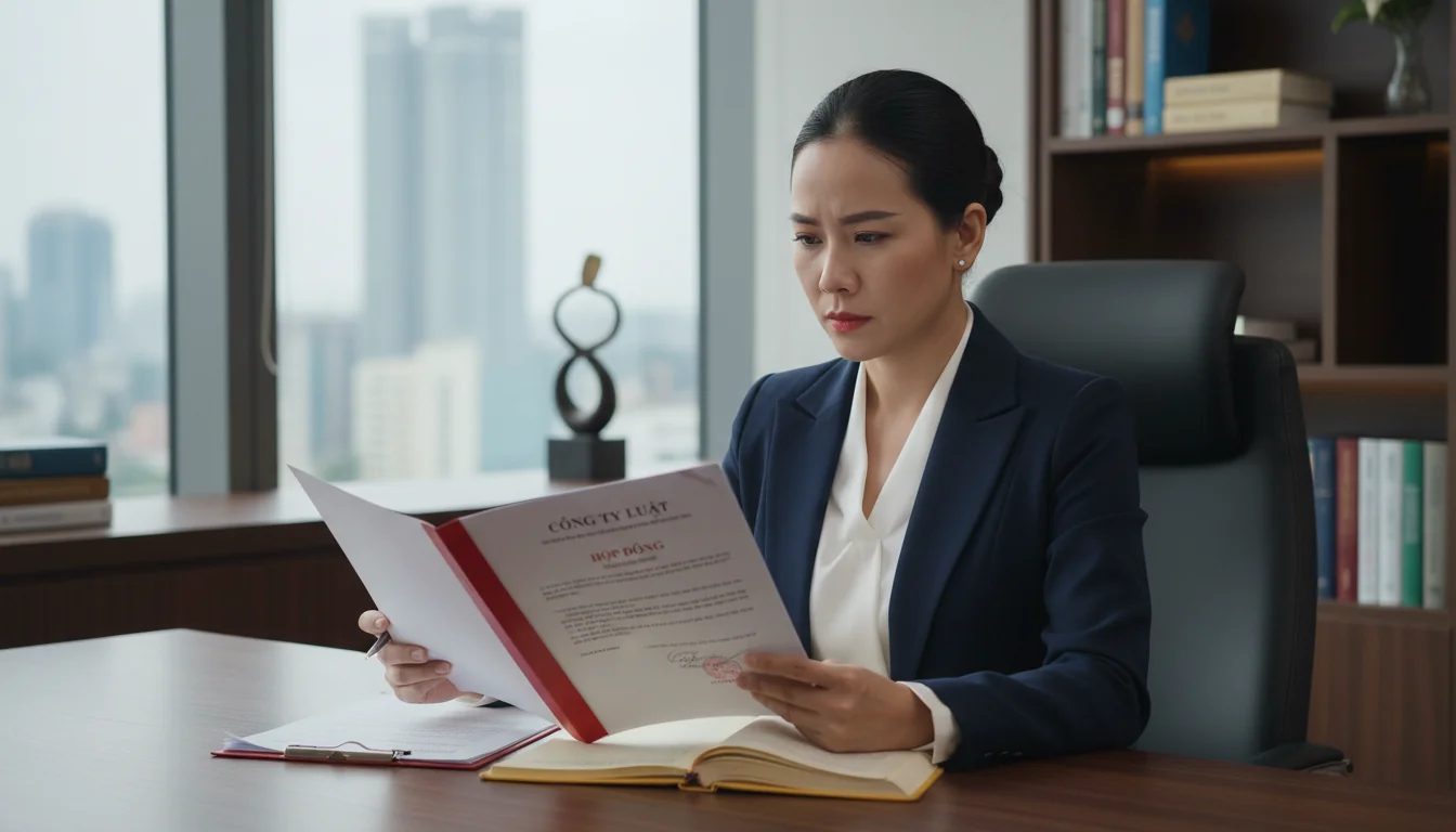 Vietnamese lawyer reviewing legal papers