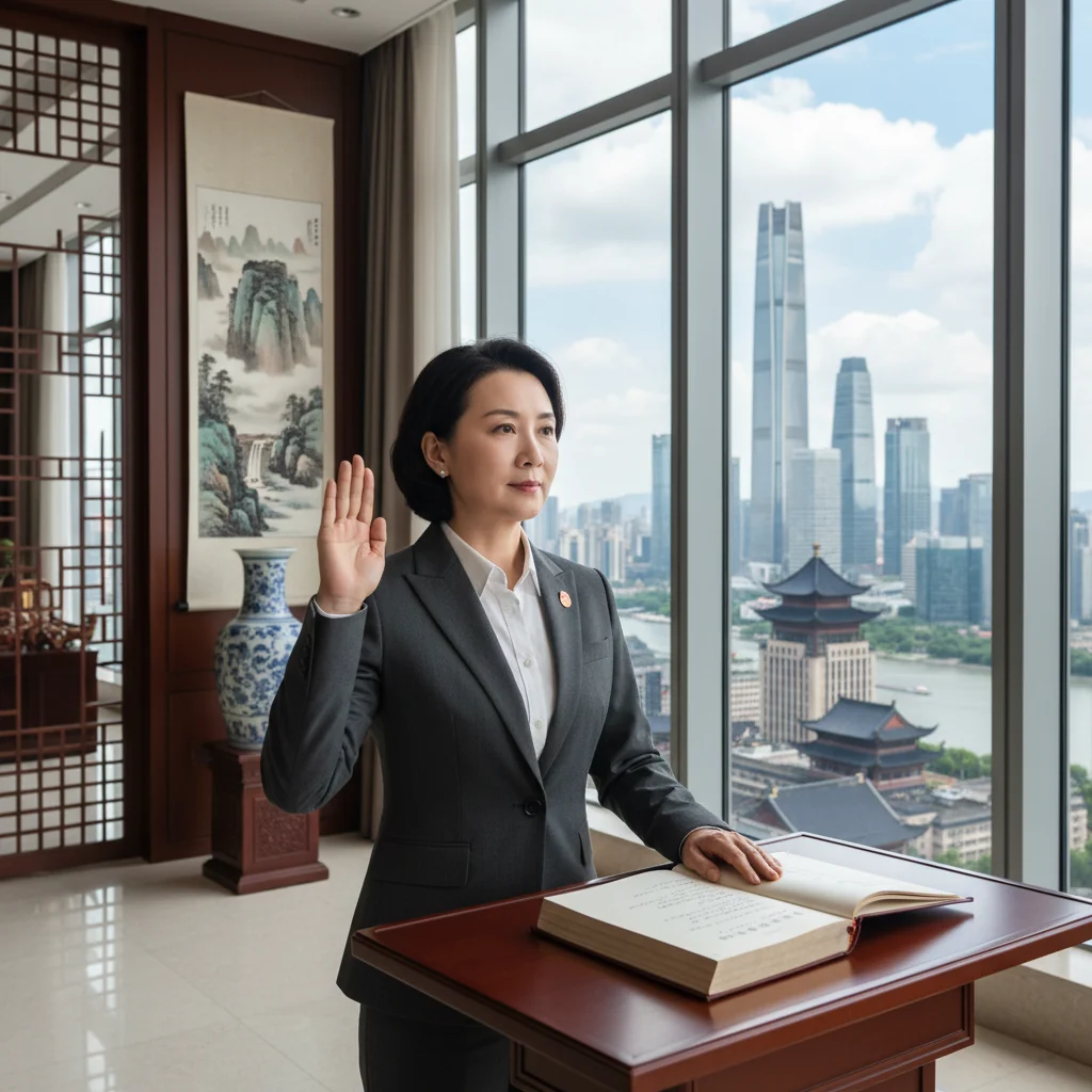 A professional adult individual in a formal business suit, standing confidently in a modern Chinese government office building, symbolizing the act of swearing an oath for legal purposes in China. The scene conveys trust, formality, and official commitment, with subtle Chinese architectural elements in the background. No children are present. The image is photorealistic, capturing real-life details like lighting and textures.