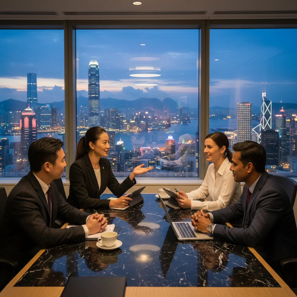 A photorealistic image of a diverse group of adults in a modern Hong Kong office setting, engaged in a professional discussion around a conference table, symbolizing commitment and agreement in legal matters, with a subtle Hong Kong skyline visible through the window, conveying trust and professionalism without showing any legal documents.