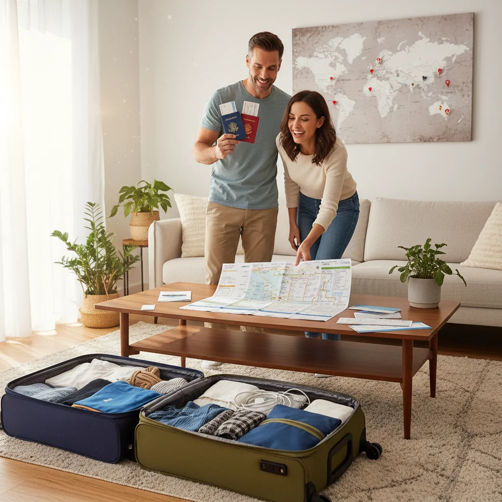 A photorealistic image of a happy adult family preparing for an international trip, packing suitcases in a modern living room with a world map on the wall and passports visible on the table, evoking the excitement and security of traveling abroad with proper documentation, no children present.