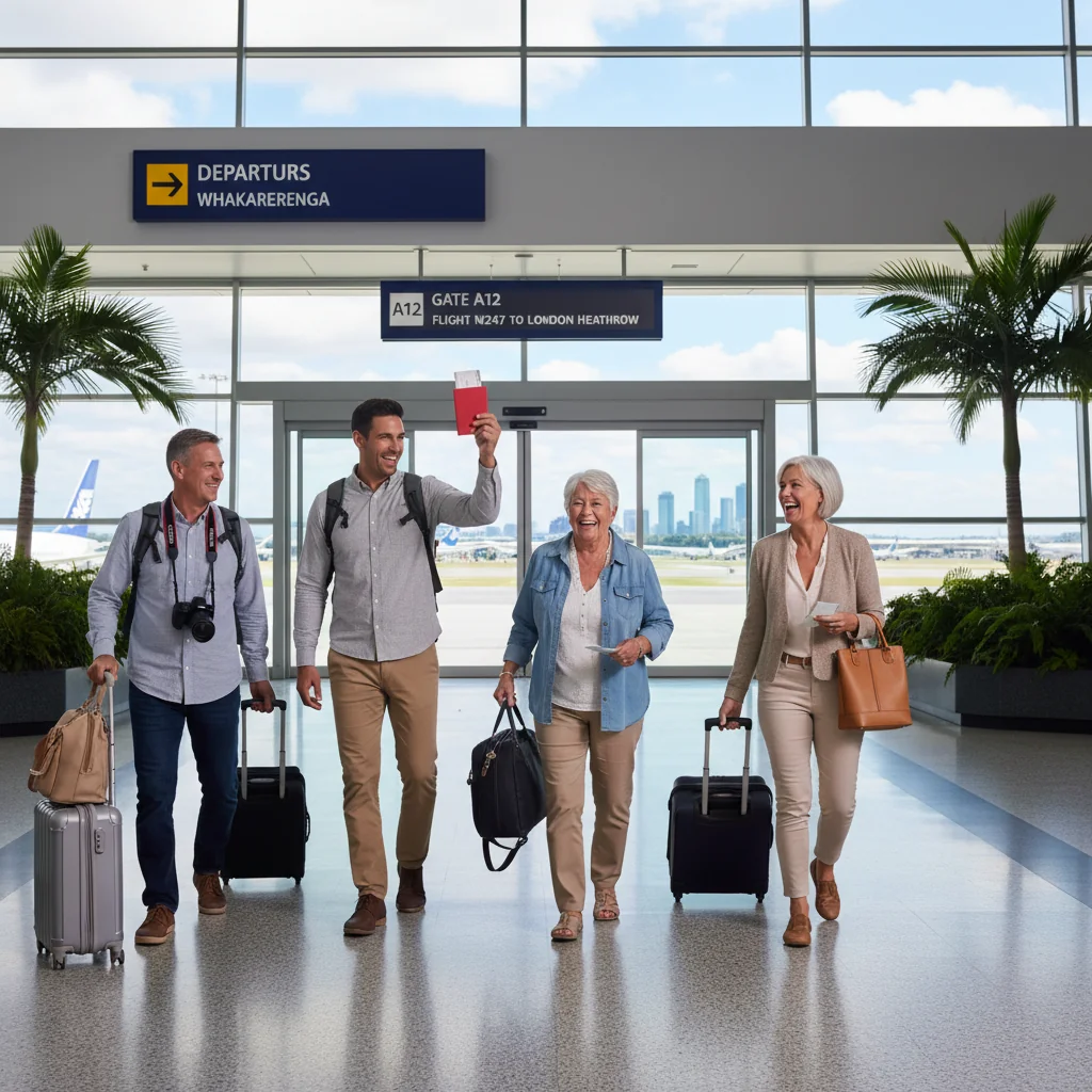 A photorealistic image depicting a joyful family embarking on a travel adventure in New Zealand, with parents and their young children preparing to board an airplane at an airport, symbolizing safe and consented international travel for minors.