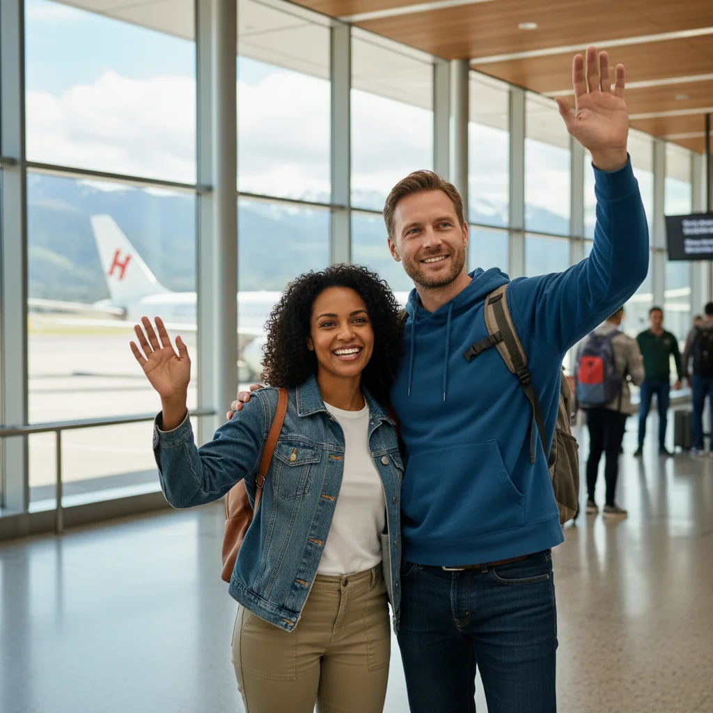 A photorealistic image depicting a joyful New Zealand family at an airport, with parents waving goodbye to their young children who are boarding a plane for an international trip, emphasizing safe and authorized child travel without any focus on documents.