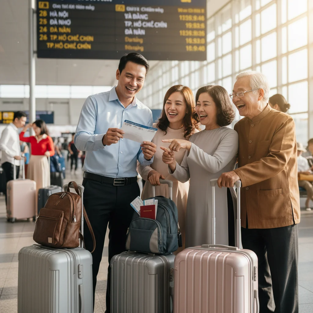 A photorealistic image depicting a joyful family embarking on a domestic vacation adventure, with parents and their travel bags at a scenic train station or airport lounge in Vietnam, evoking excitement and preparation for a safe trip, without showing any children.