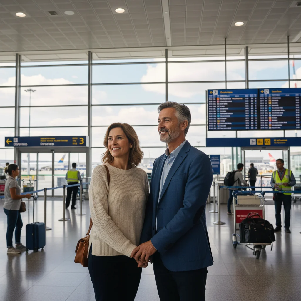 A photorealistic image of a happy family at an airport, with parents waving goodbye to their traveling child who is heading off on a solo adventure abroad, emphasizing safe and consented international travel without showing the child directly.
