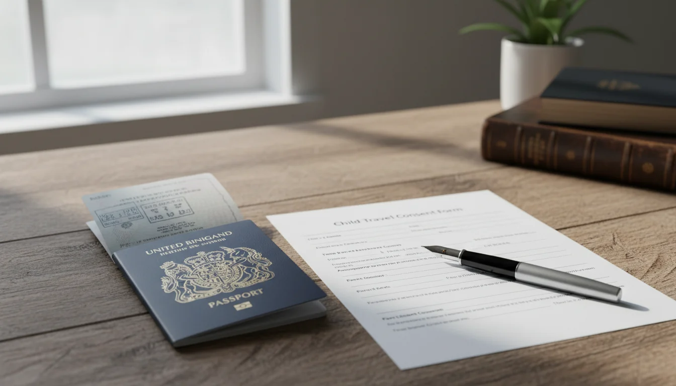 Passport and consent form on desk