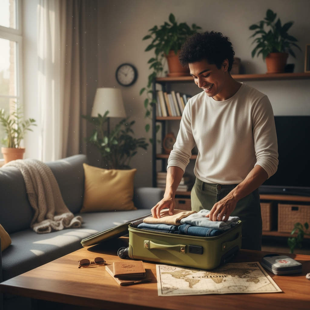 A photorealistic image of a young adult preparing for travel, packing a suitcase in a bright, modern home, symbolizing safe and independent journeys that consent documents facilitate, without showing any children.