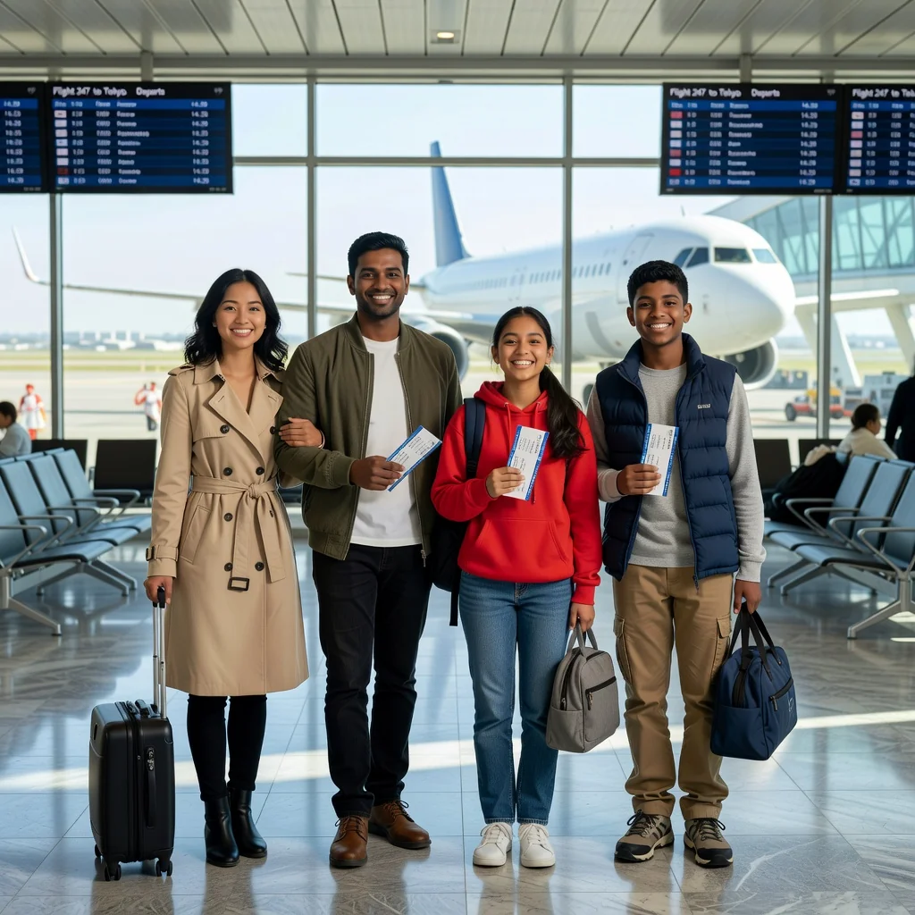 A photorealistic image depicting a joyful family of parents and their young children preparing for an international trip, with suitcases packed and passports in hand, evoking a sense of excitement and hassle-free travel adventure.
