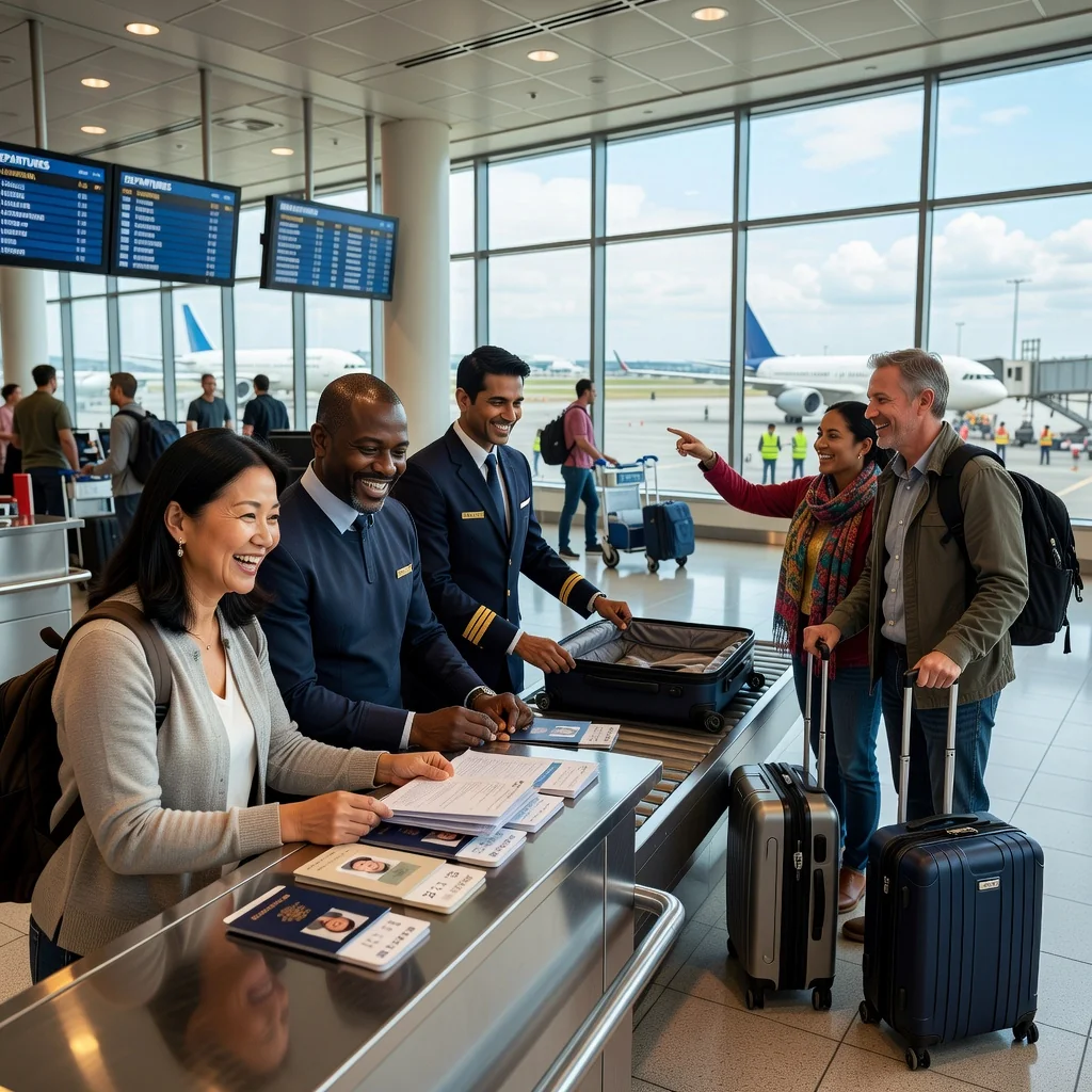 A photorealistic image depicting a joyful family at an airport, preparing for an international trip, with parents checking passports and luggage, evoking a sense of adventure and safe travel for minors, without showing any children.