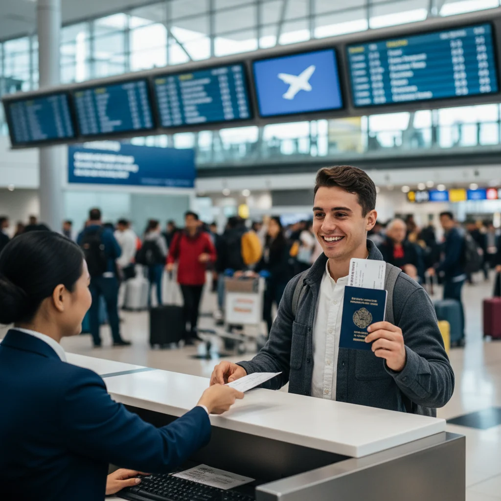 A photorealistic image of a young adult at an airport check-in counter, holding a passport and boarding pass, looking excited and ready for travel, symbolizing freedom of movement and authorization to leave the territory, with airport signage and travelers in the background.