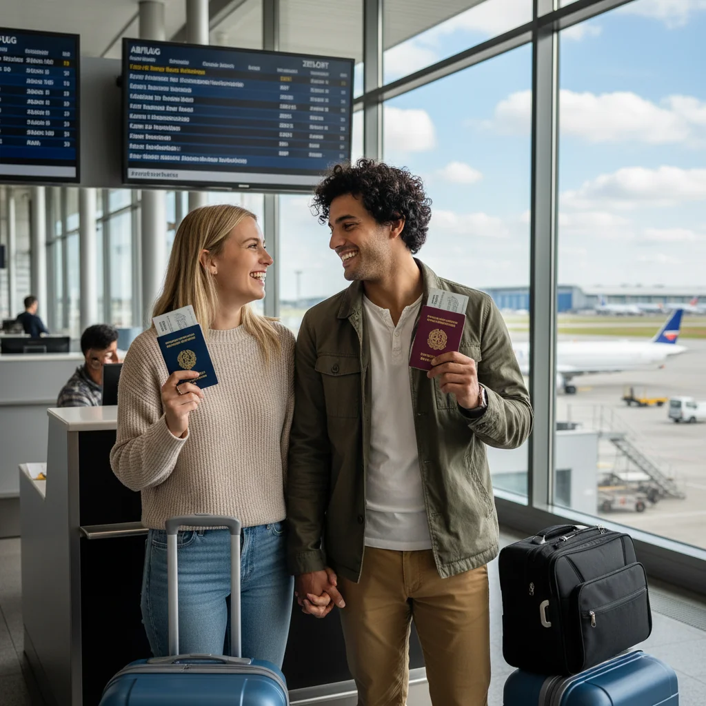 A photorealistic image depicting a young adult couple embarking on a journey together, symbolizing the purpose of a travel companion declaration in Germany. The scene shows them at an airport check-in counter, smiling and holding passports, with suitcases nearby, evoking a sense of companionship and travel without focusing on any documents.