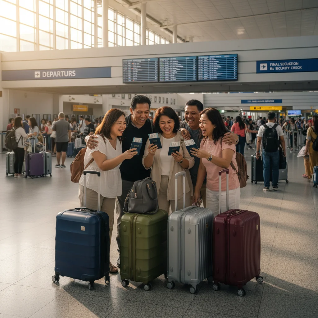 A photorealistic image of a happy Filipino family at Manila's Ninoy Aquino International Airport, preparing for an international trip with luggage, evoking the excitement of safe family travel without showing any children.