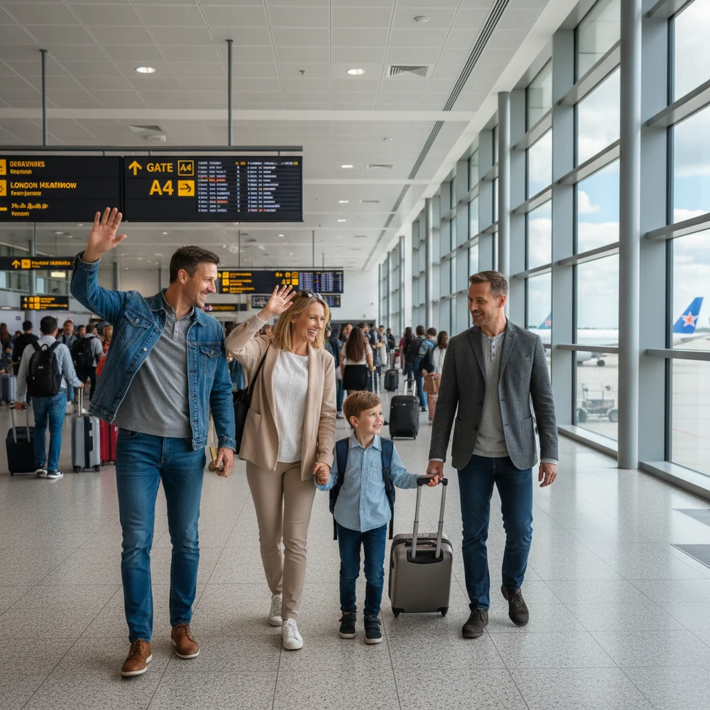 A photorealistic image depicting a happy family at an airport, with parents waving goodbye to their child who is boarding a plane with a trusted adult guardian, emphasizing safe and consented child travel without focusing on any documents.