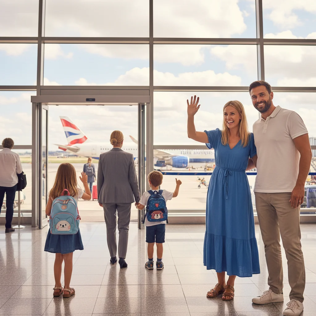 A photorealistic image depicting a joyful family moment at an airport, with parents waving goodbye to their young children who are embarking on a safe and supervised trip abroad, emphasizing themes of trust, security, and international travel without focusing on any legal documents.