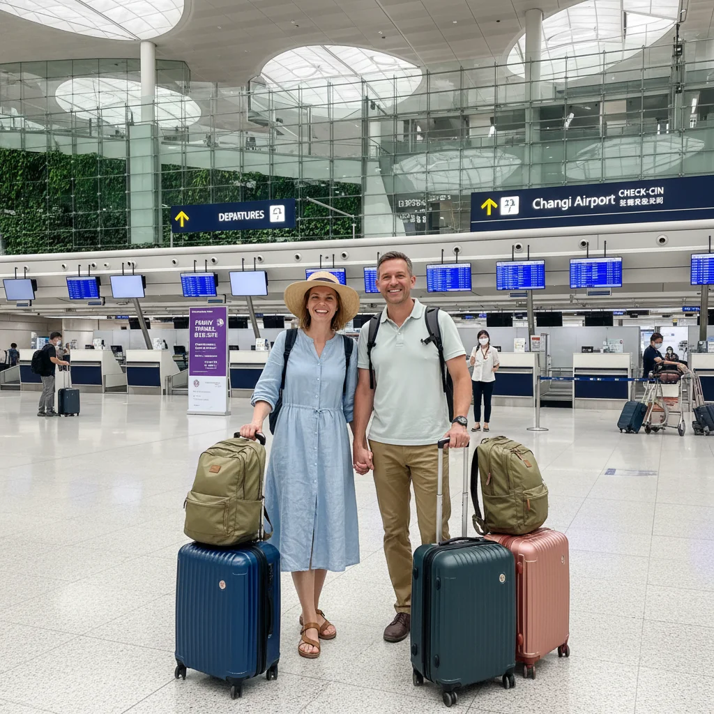 A photorealistic image of a happy family at an airport in Singapore, preparing for an international trip. The focus is on parents with suitcases, checking in at the counter, evoking a sense of safe and organized travel, without any children visible.