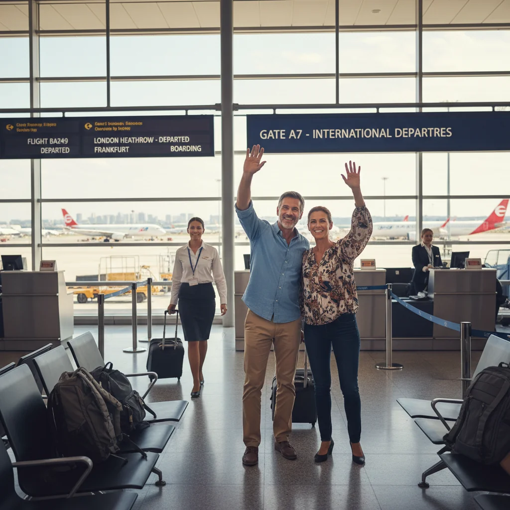A photorealistic image depicting a joyful family moment at an airport, with parents waving goodbye to their young child who is boarding a plane with a trusted adult guardian, symbolizing safe and consented child travel, without showing any legal documents.