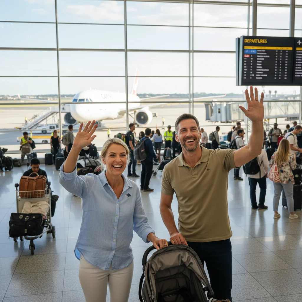 A photorealistic image depicting a happy Australian family at an airport, with parents waving goodbye to their traveling child who is heading off on a solo adventure, emphasizing safe and consented family travel without showing the child directly.