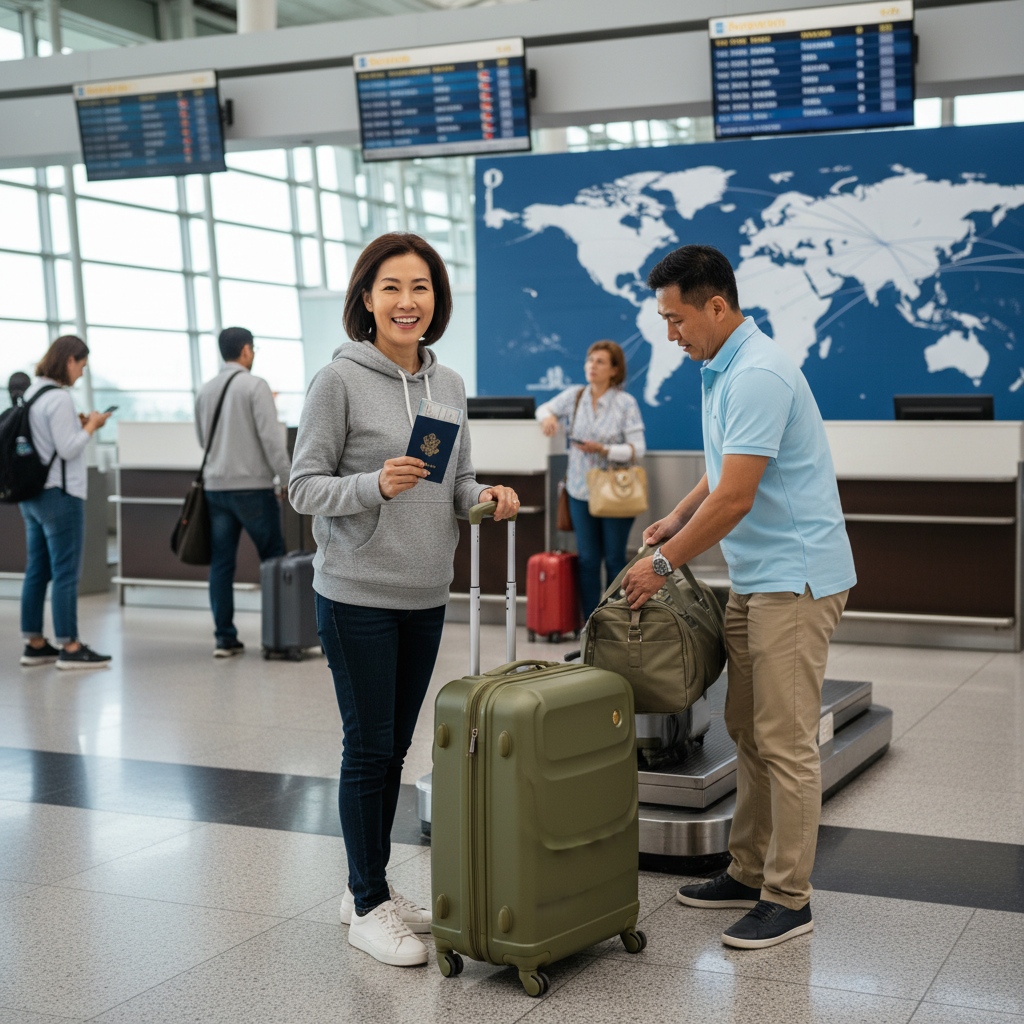 A photorealistic image of a parent and an adult companion preparing for international travel at an airport, symbolizing the need for parental consent documents when traveling abroad with children, without showing any children.