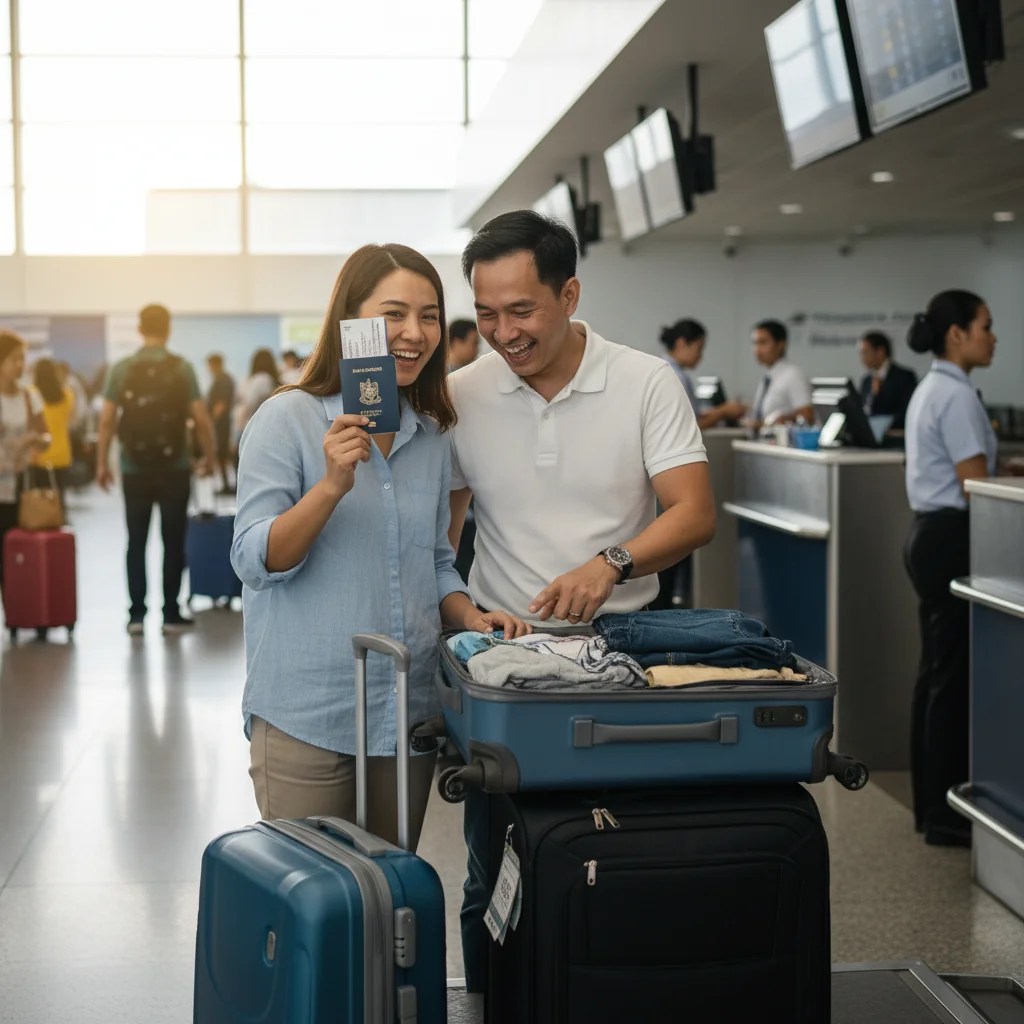 A photorealistic image of a happy Filipino family preparing for travel at an airport, with parents checking passports and luggage, evoking excitement and readiness for a family vacation abroad, without showing any children.